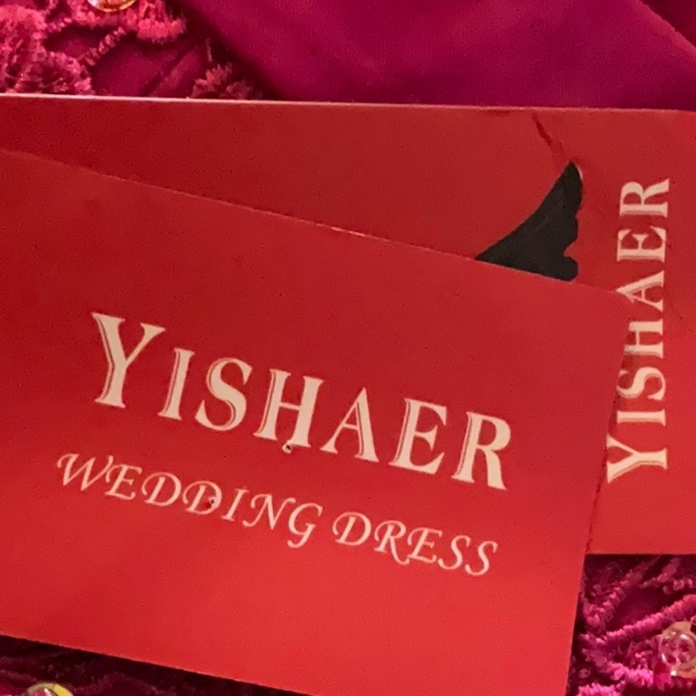 YISHAER Burgundy Floral Lace Appliqué Prom Evening Gown Dress Size 4 - Picture 8 of 9